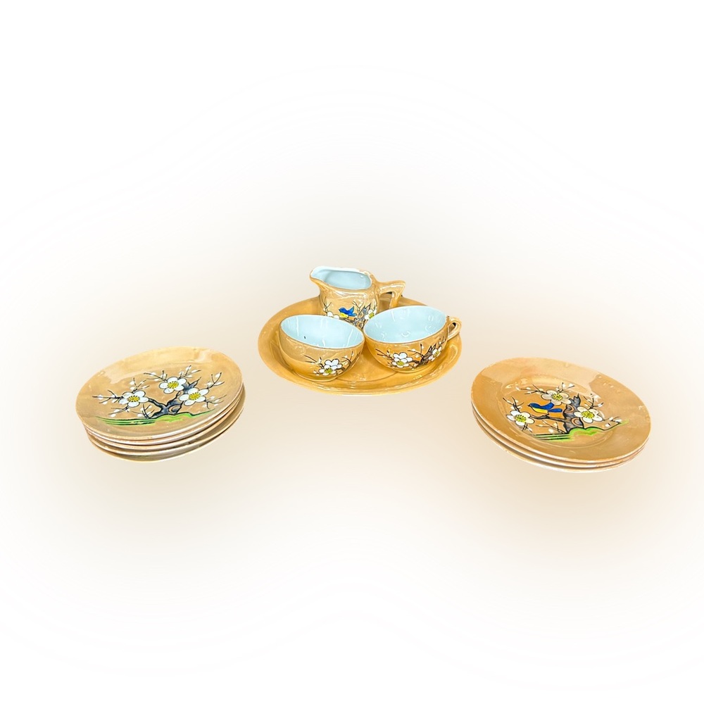 Vintage Lusterware Peach Miniature Tea Set Plates Cups Made In Japan Set Of 12